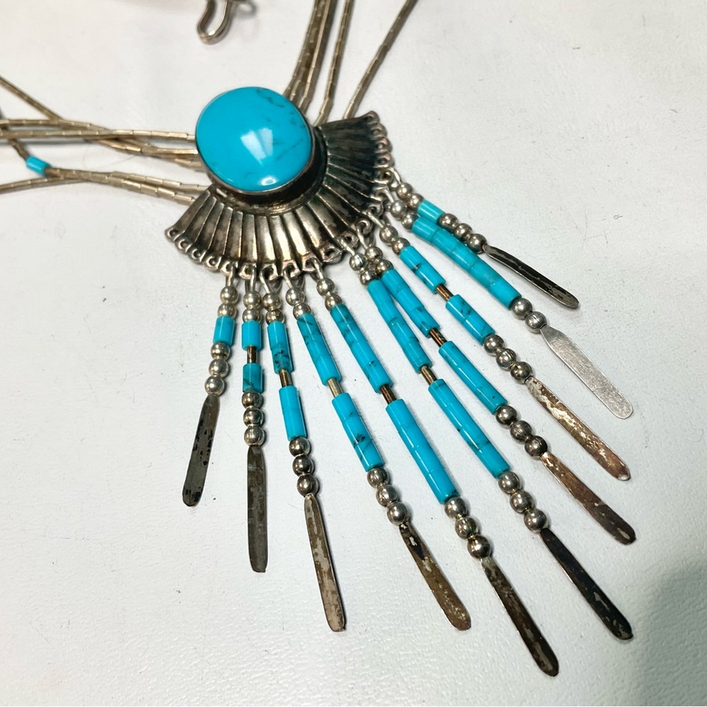 Vtg Native American Turquoise Sterling Liquid Silver Concho Fringe Necklace